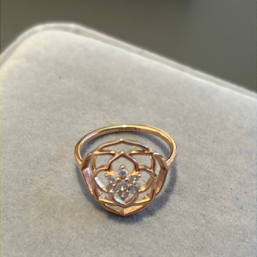 Genuine Pandora Rose Gold Sparkling Rose Flower Open Pave Ring 54