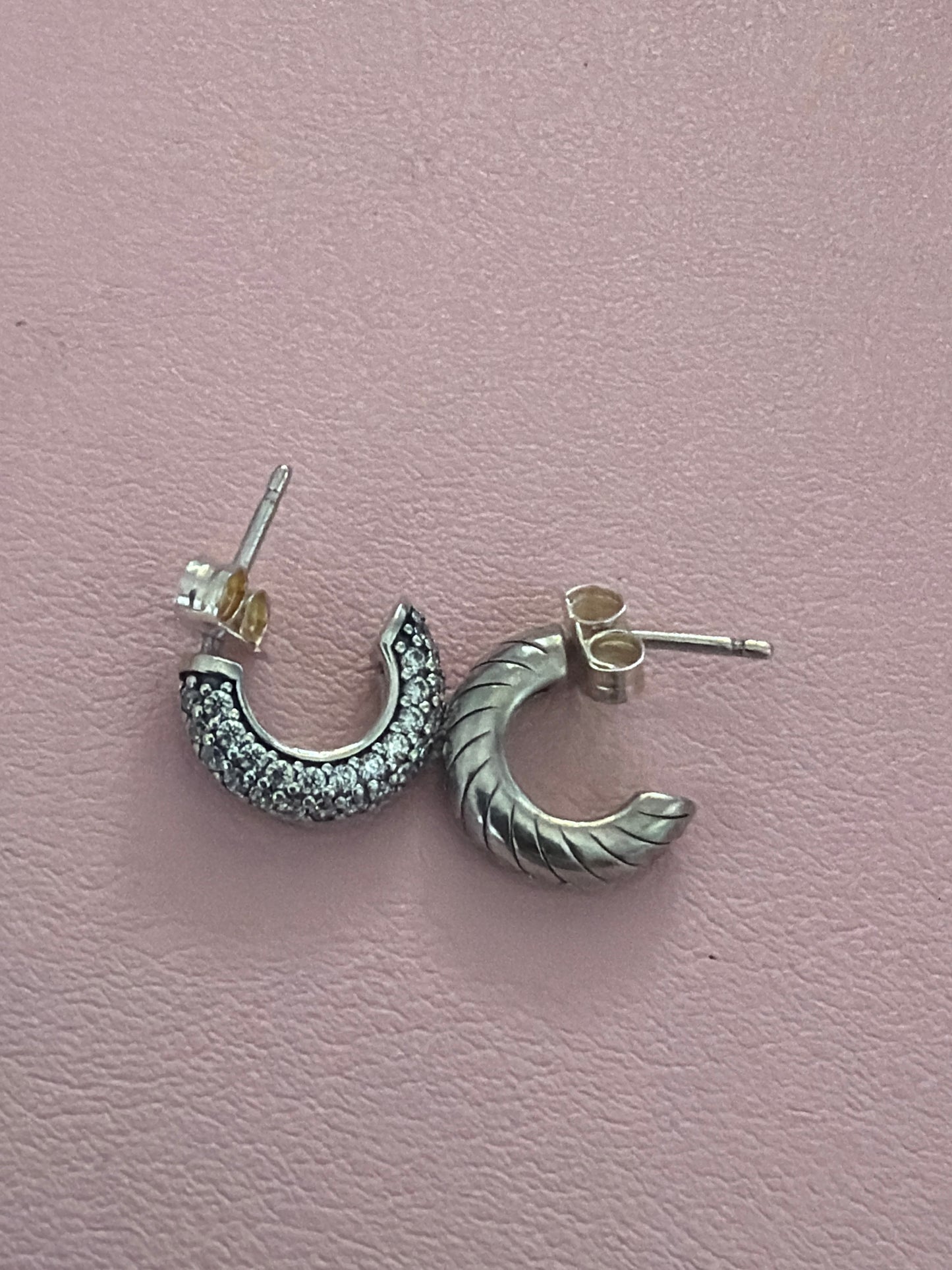 Genuine Pandora Half Hoop Half Pave Huggies Silver Earrings