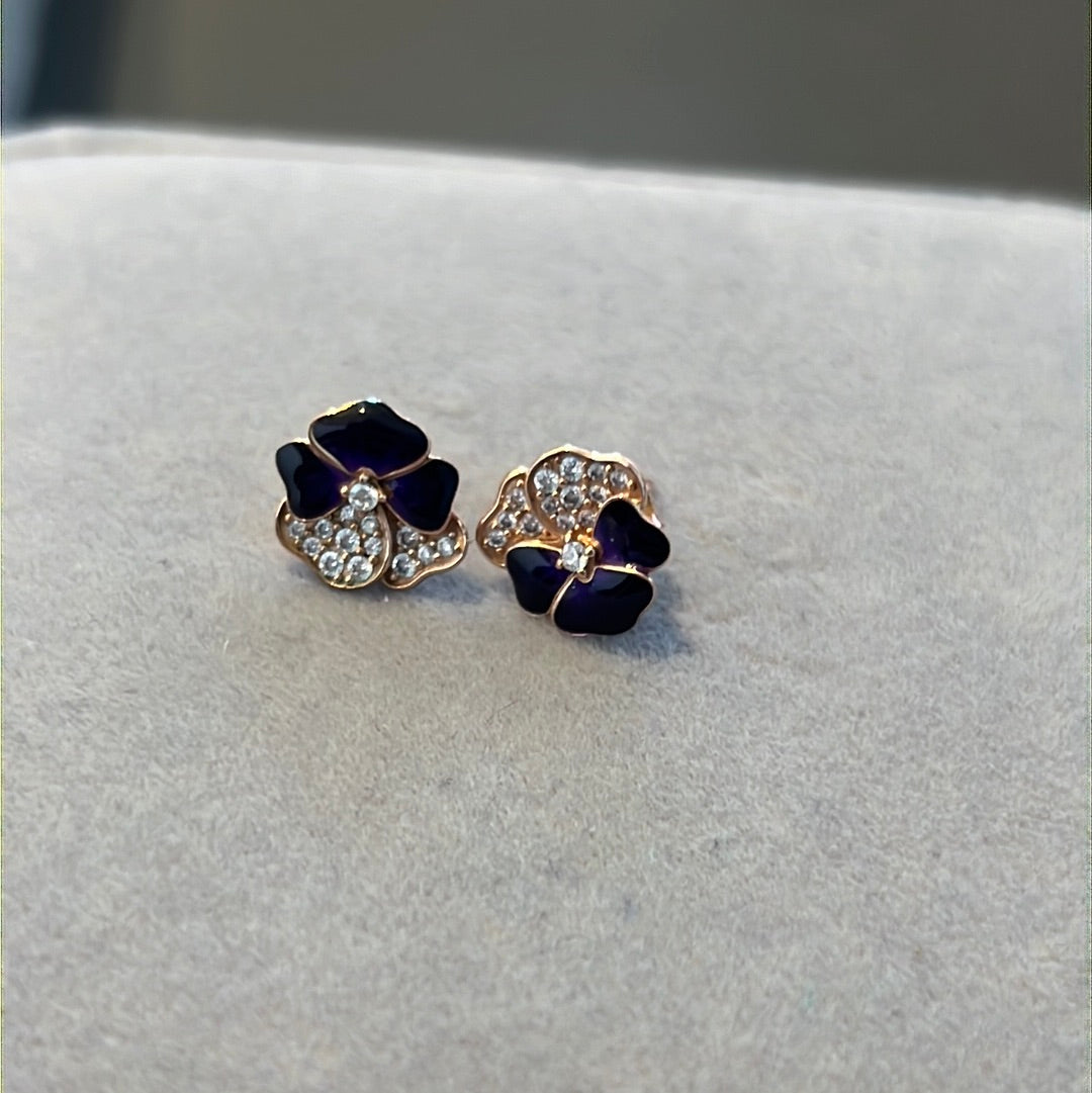 Genuine Pandora Rose Gold Pave Purple Pansy Flower Earrings