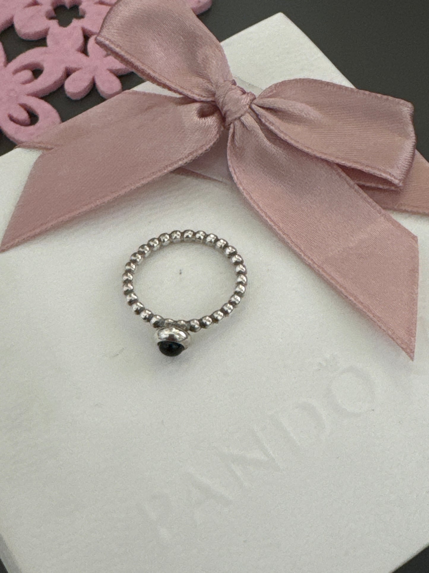 Genuine Pandora Onyx Black Beaded Cabochon Ring in Size 52