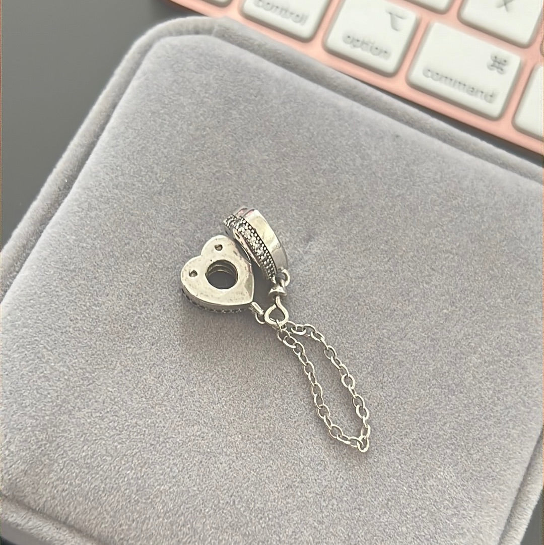 Sterling Silver Pave Heart Safety Chain Fits Moments Bracelets