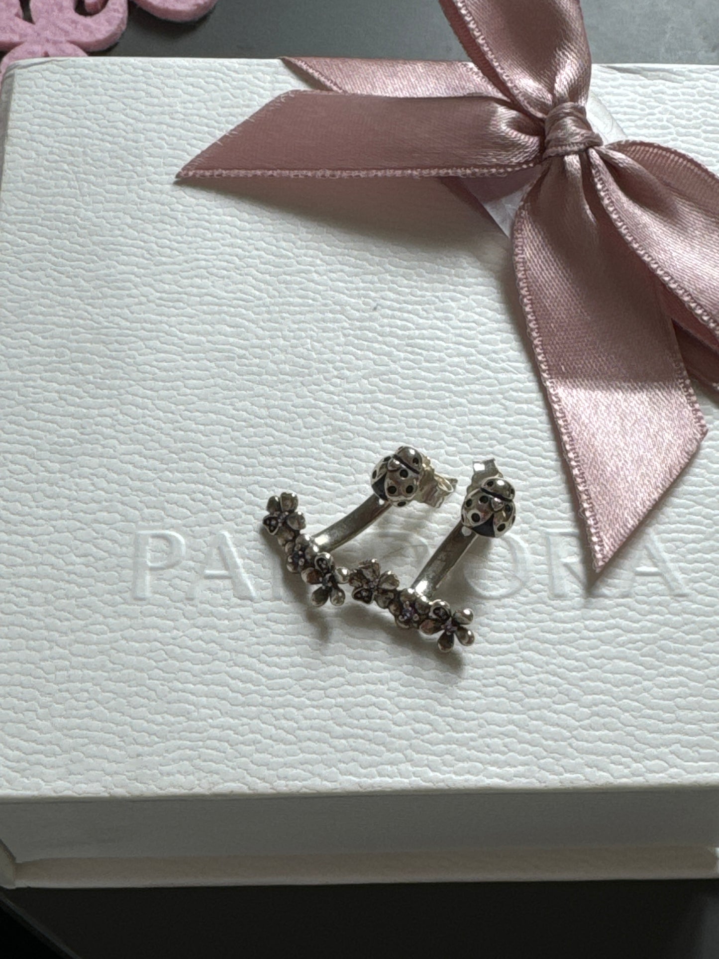 Genuine Pandora Purple Pave Enamel Daisy Ladybird Dangle Earrings