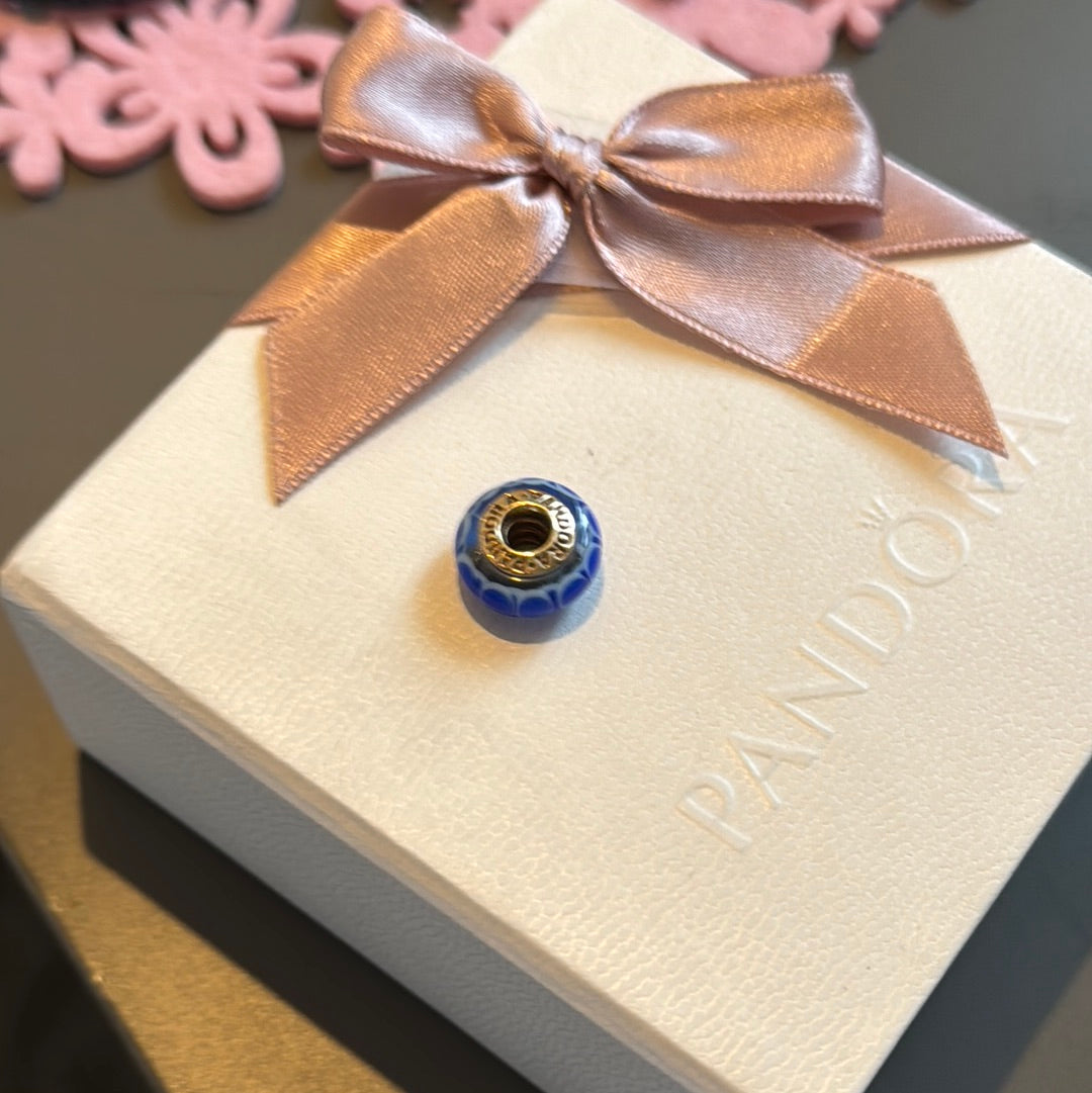 Genuine Pandora Solid 14ct Gold Blue Lotus Murano Charm HTF