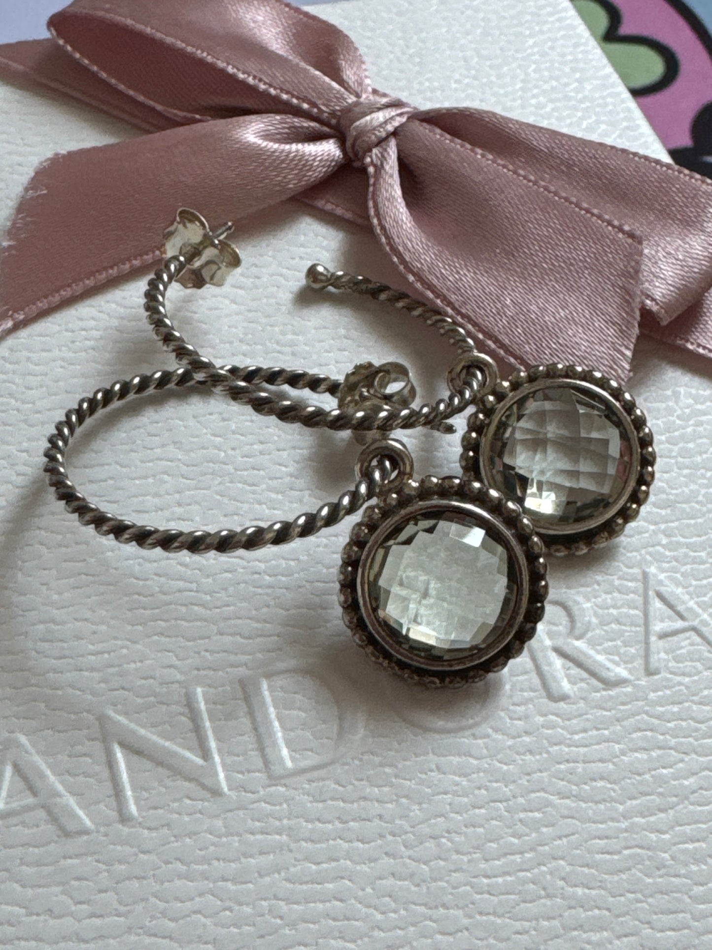 Genuine Pandora Faceted Murano Green Quartz HTF Compose Hoop Dangle Earrings