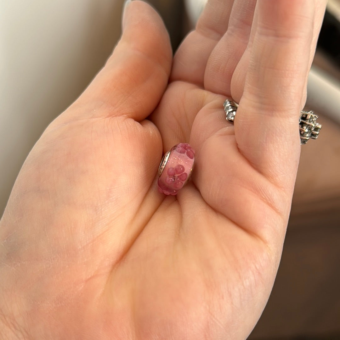 Genuine Pandora Pink Sparkly Raised Flower Murano Charm