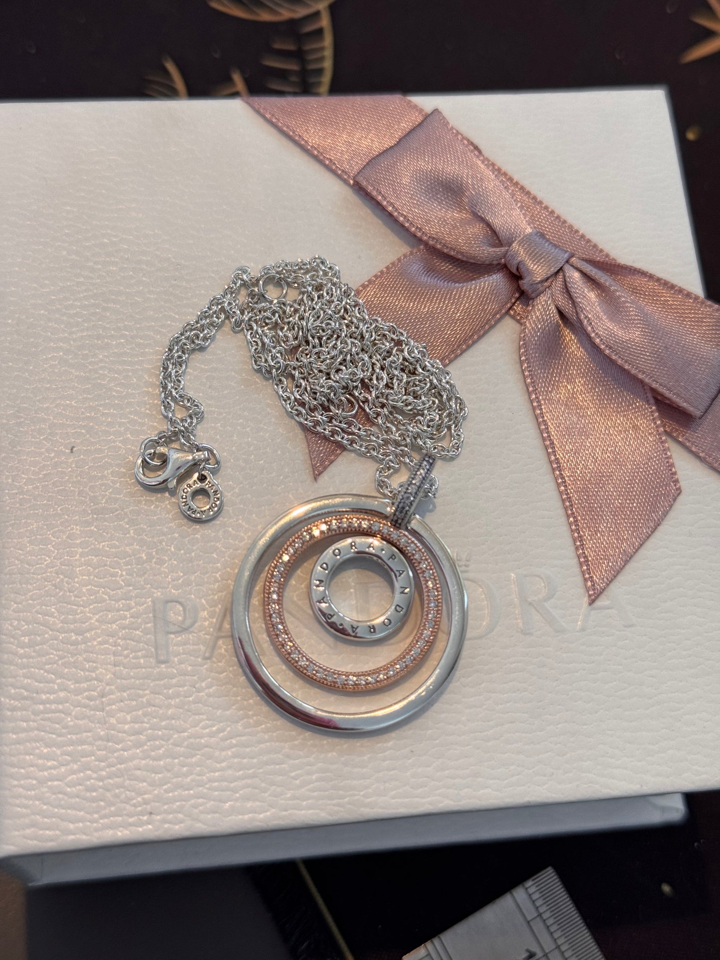 Genuine Pandora Two-Tone Pave Circles Pendant & Necklace