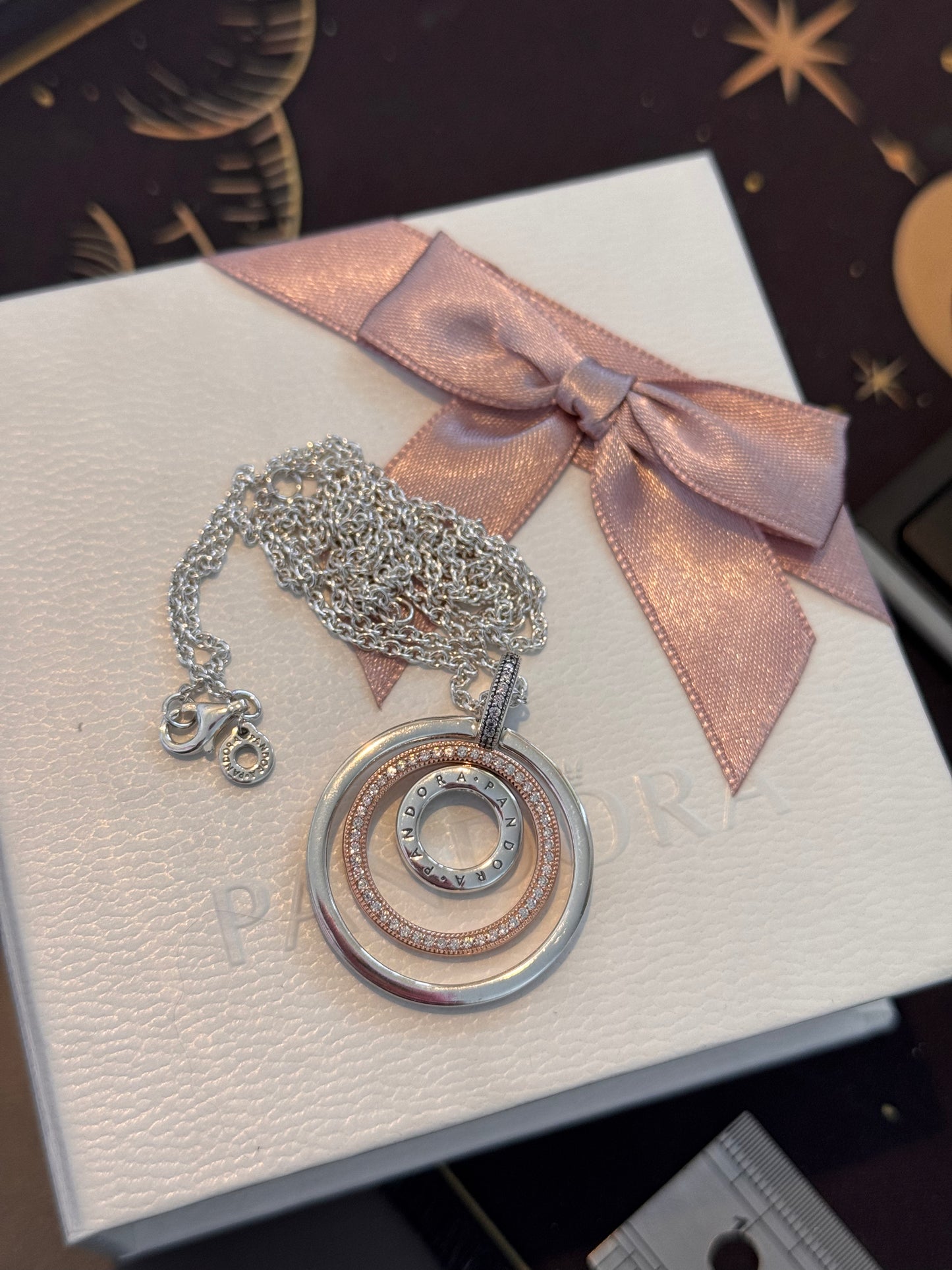 Genuine Pandora Two-Tone Pave Circles Pendant & Necklace