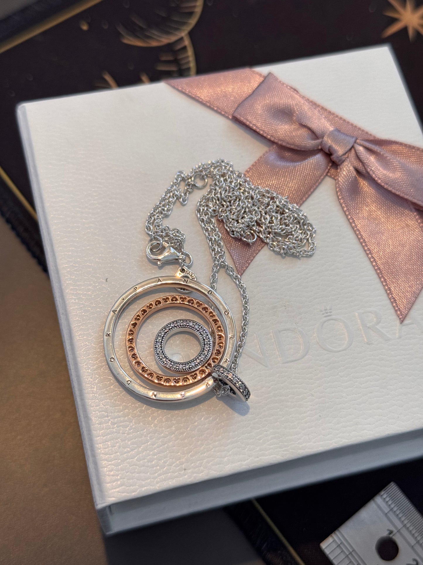Genuine Pandora Two-Tone Pave Circles Pendant & Necklace