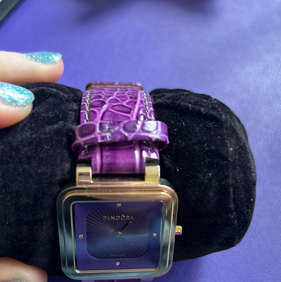Genuine Pandora Gold Hardware Watch with Purple Leather Strap Perfect