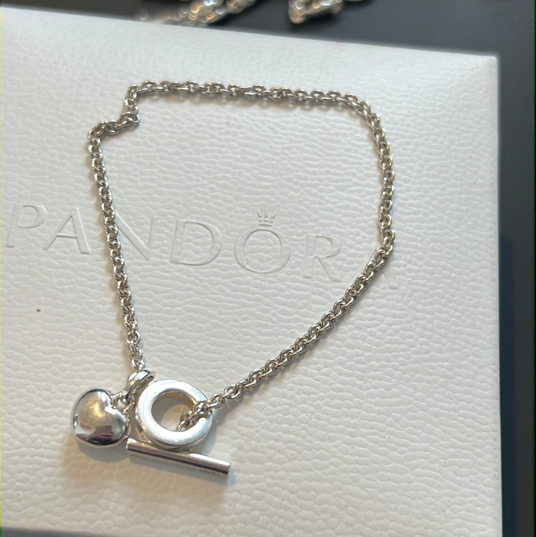 Genuine Links of London Sterling Silver T-Bar Charm Bracelet With GB Heart Charm 18cm