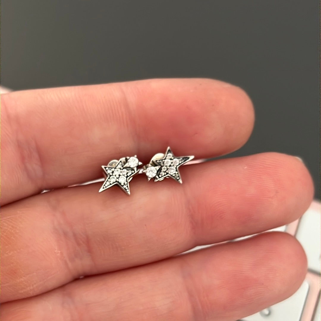 Genuine Pandora Asymmetrical Star Pave Earrings Studs