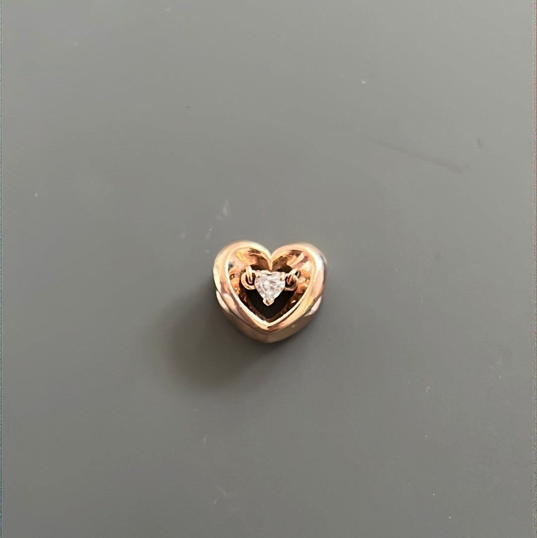 Genuine Pandora Rose Gold / Silver Openwork Heart With Floating Heart CZ Charm