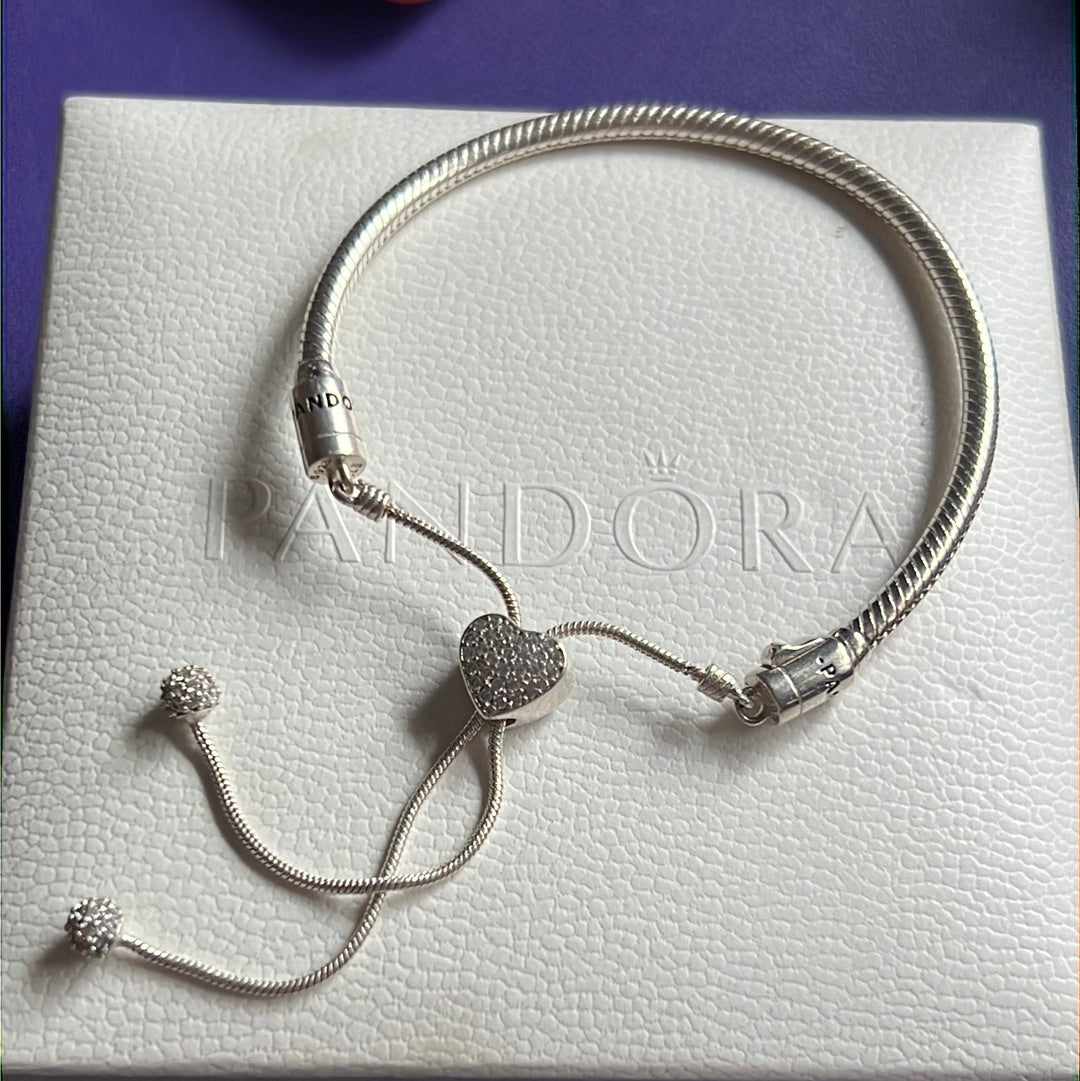 Genuine Pandora Pave Heart Slider Tennis Bracelet Adjustable