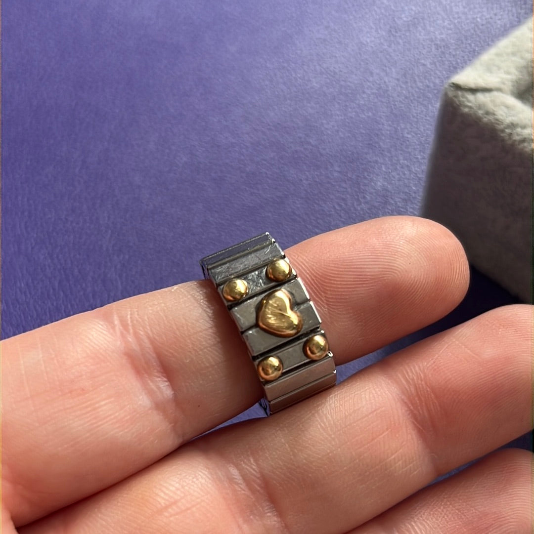 Genuine Nomination Silver Link Stretch Ring Charm Two Tone Hearts