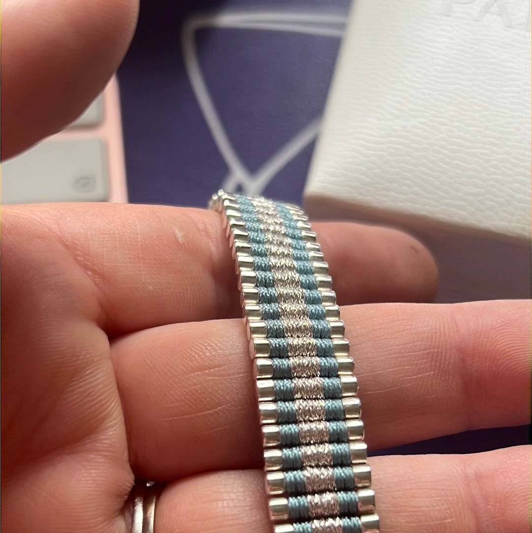 Genuine Links of London Woven Sweetie Friendship Bar Bracelet Baby Blue and Glitter Silver