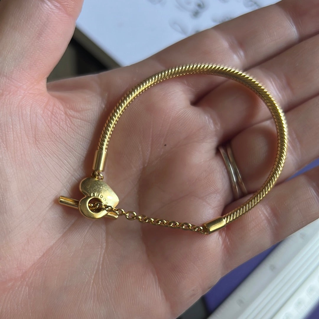 Genuine Pandora Shine Gold Snake Chain Moments New Style Smooth Heart Chain T-Clasp Style 20cm