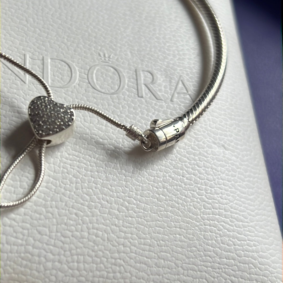 Genuine Pandora Pave Heart Slider Tennis Bracelet Adjustable