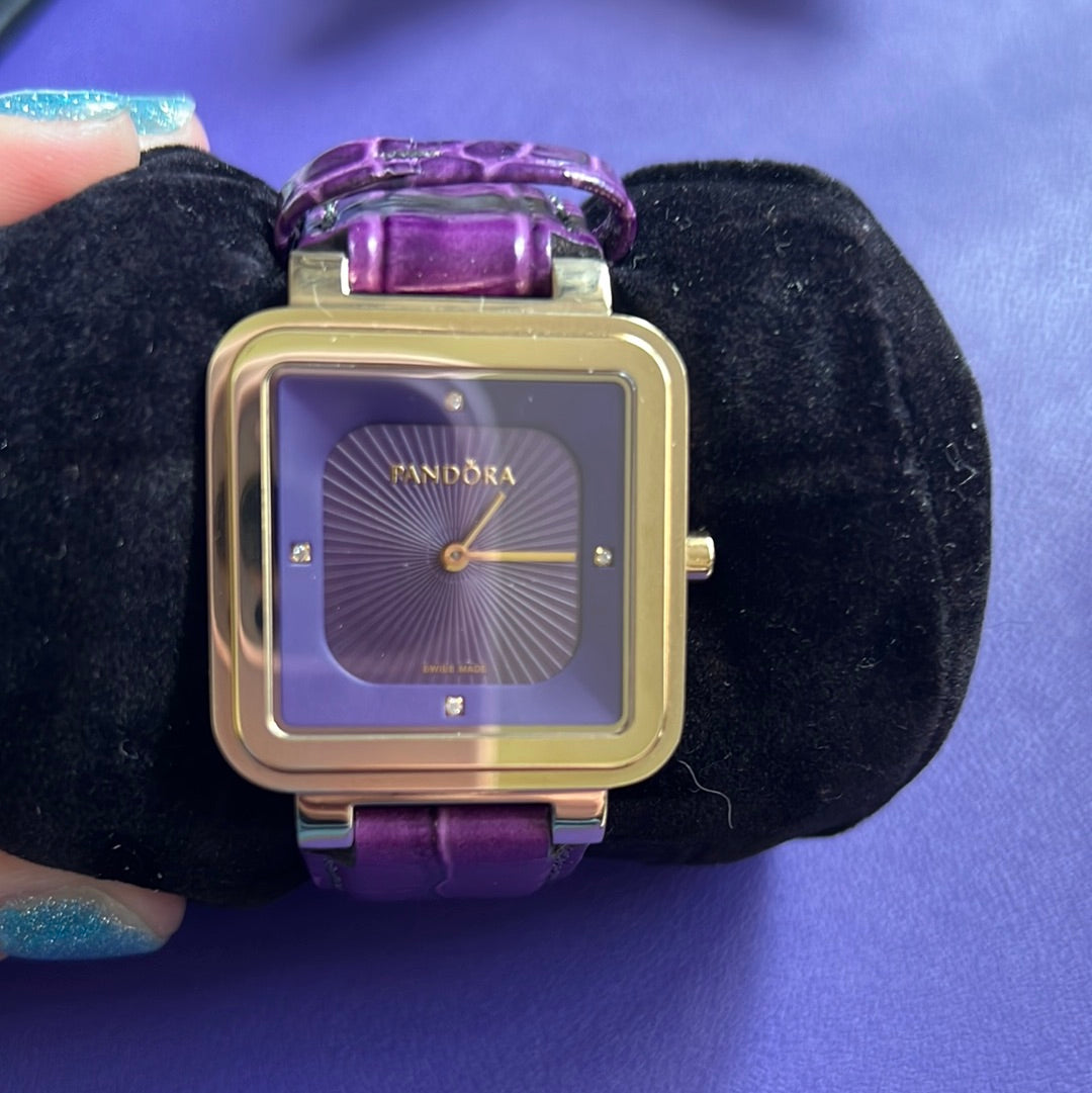 Genuine Pandora Gold Hardware Watch with Purple Leather Strap Perfect