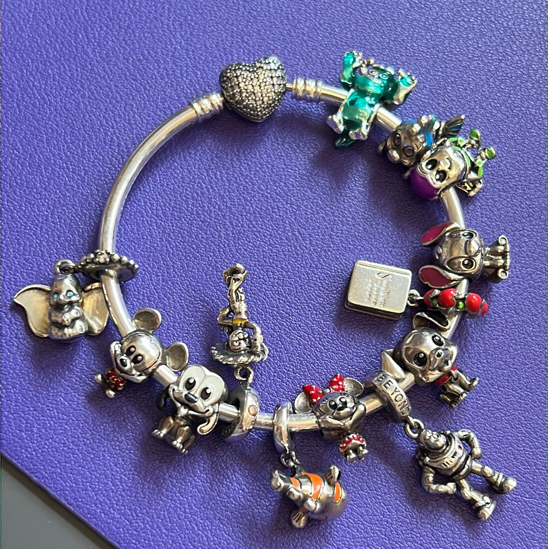 Sterling Silver Pave Heart Clasp Bangle with 13 Sterling Silver Disney Charms