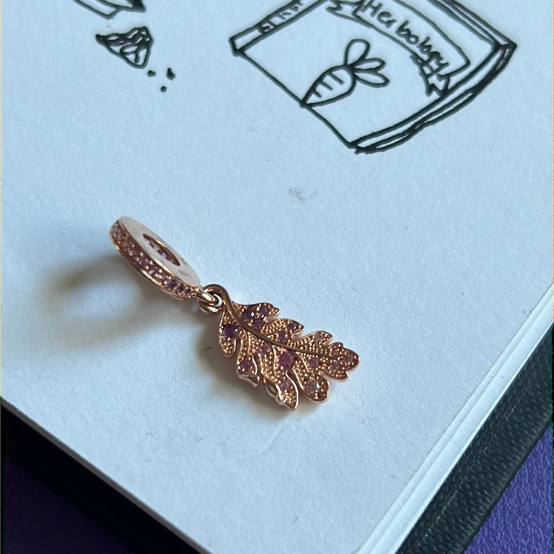 Genuine Pandora Rose Gold Leaf Pave Dangle Pink CZ