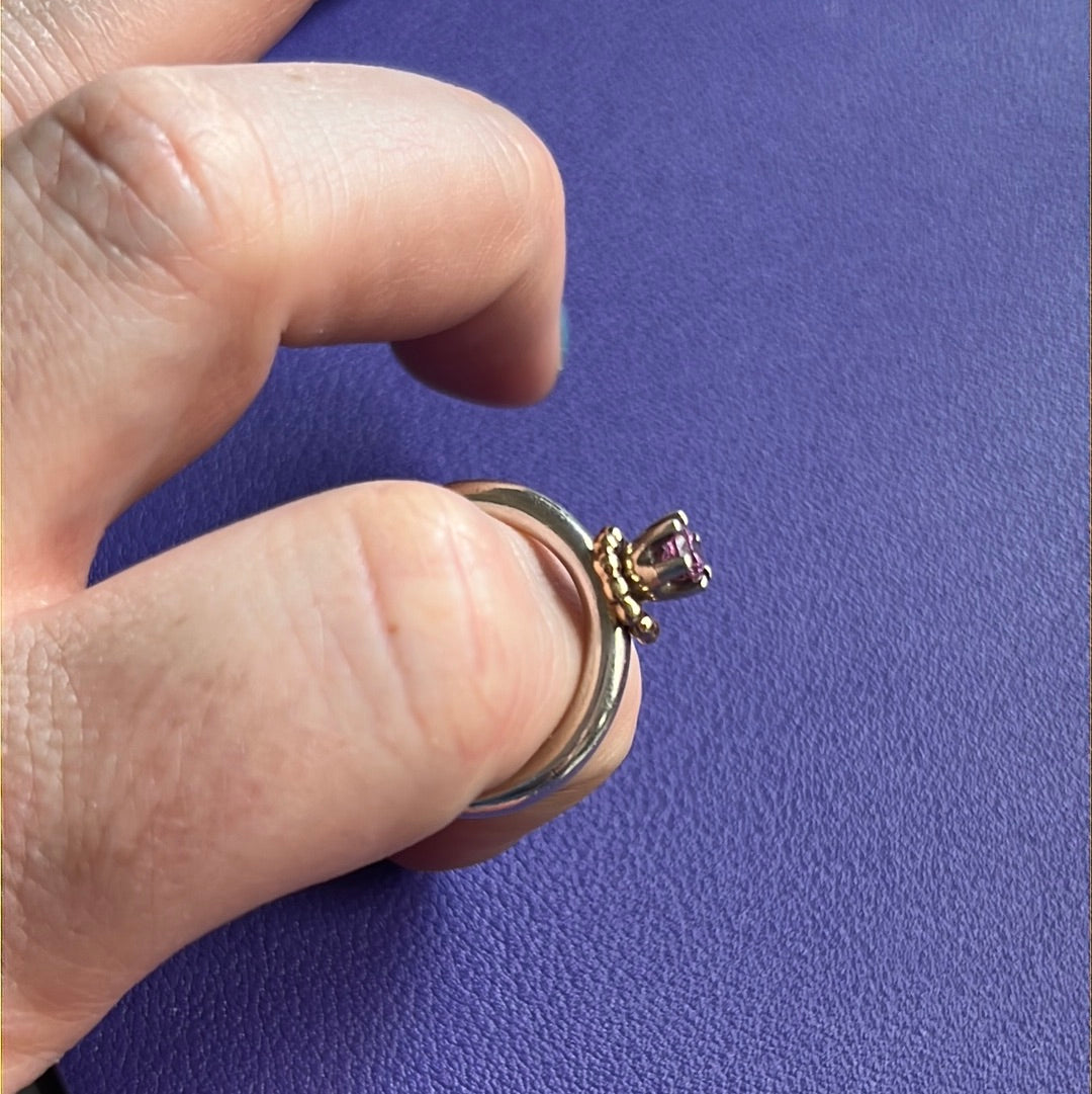 Pandora VERY RARE Vintage Pink Stone Oxidised Ring Rare with 14K Beaded Gold Hoop Circle