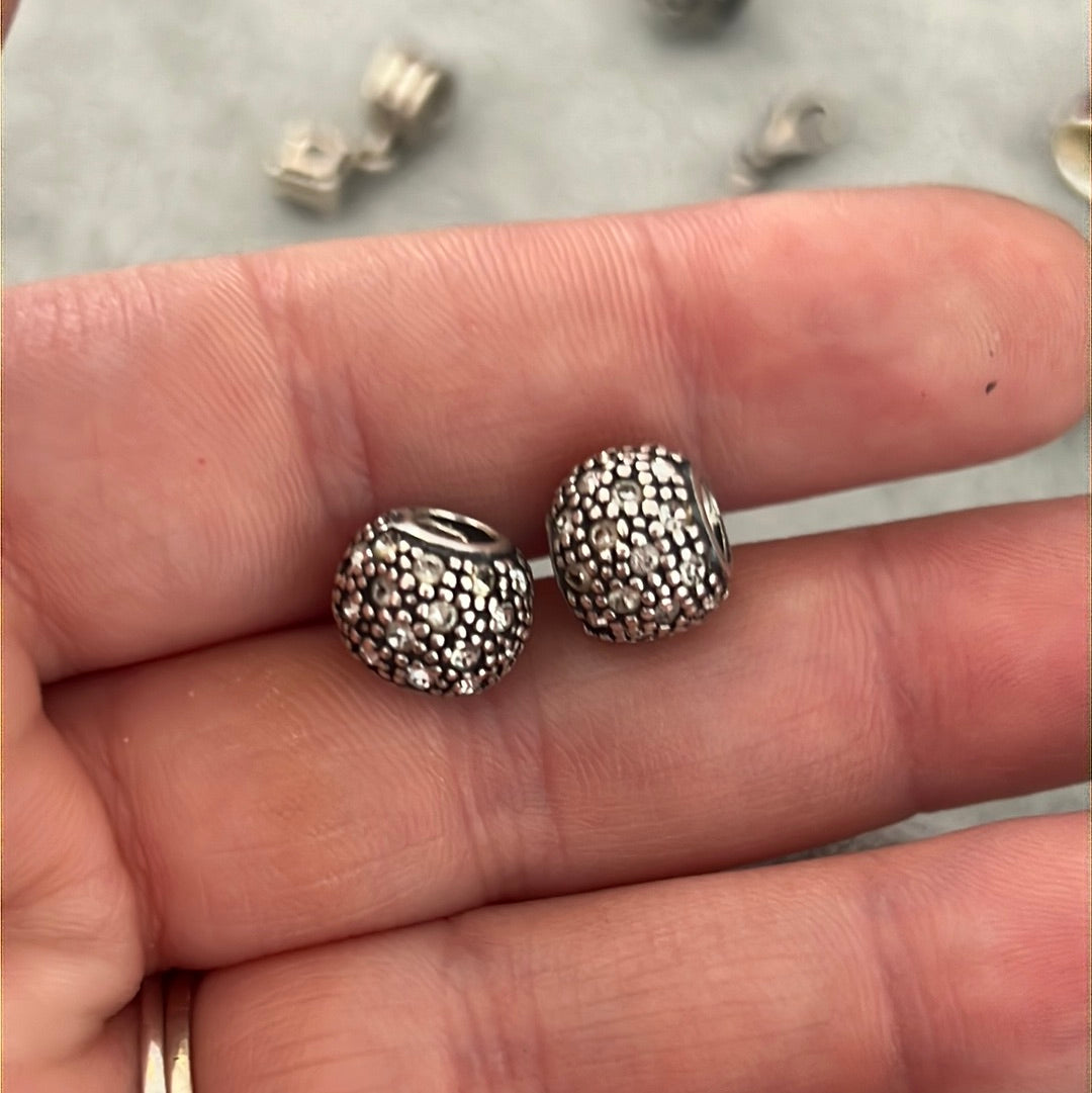 Sterling Silver Gunmetal Pave Clear Ball Charms x2