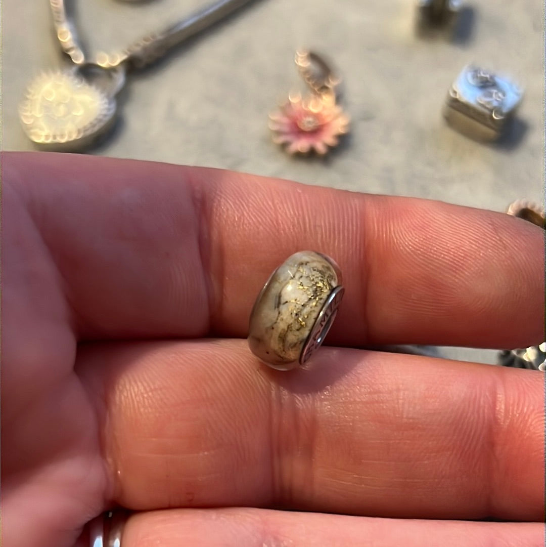 Genuine Chamilia Murano Glass Charm Cream and Gold Glitter Marble Effect