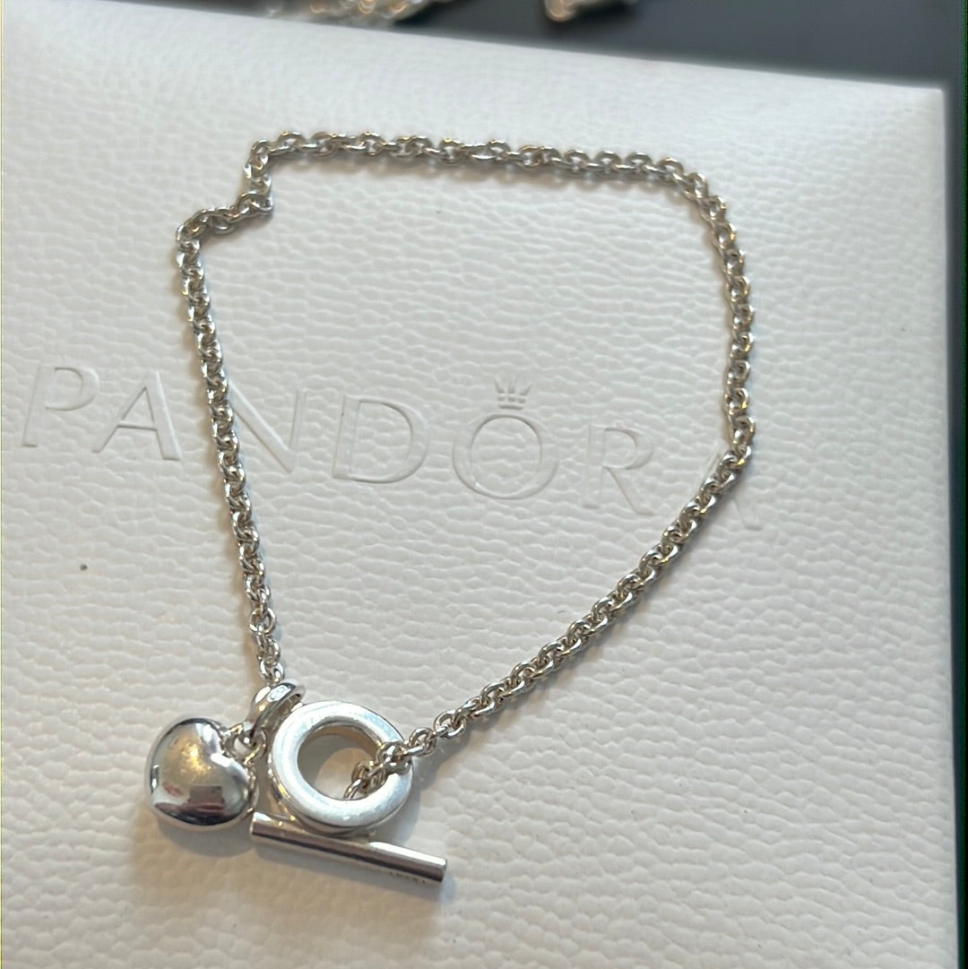 Genuine Links of London Sterling Silver T-Bar Charm Bracelet With GB Heart Charm 18cm