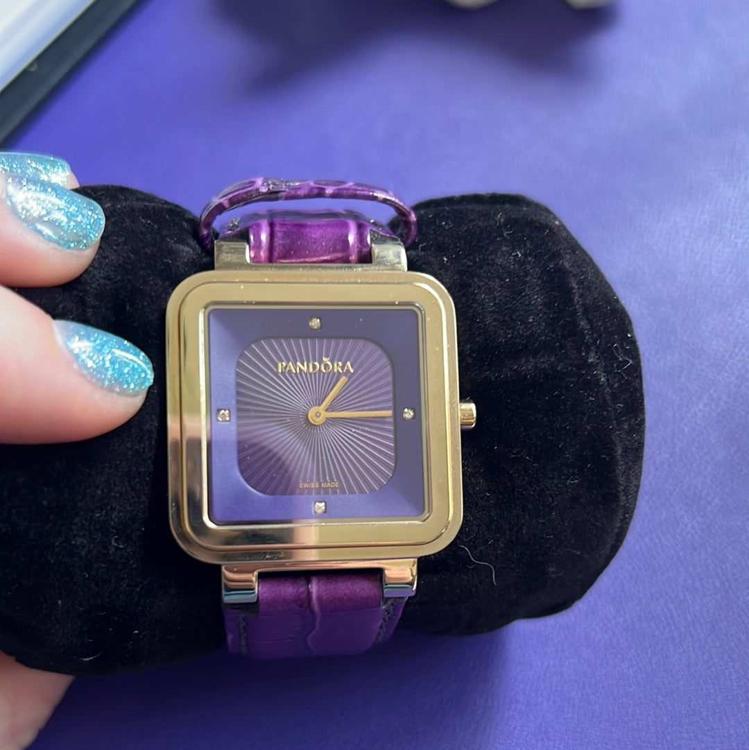 Genuine Pandora Gold Hardware Watch with Purple Leather Strap Perfect
