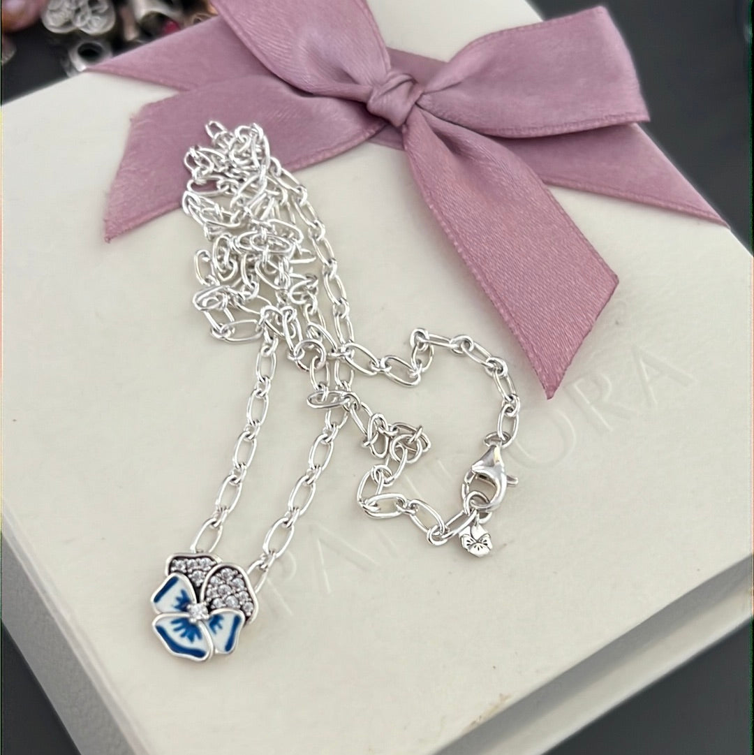 Genuine Pandora Pave Blue Pansy flower Chain Necklace 50cm