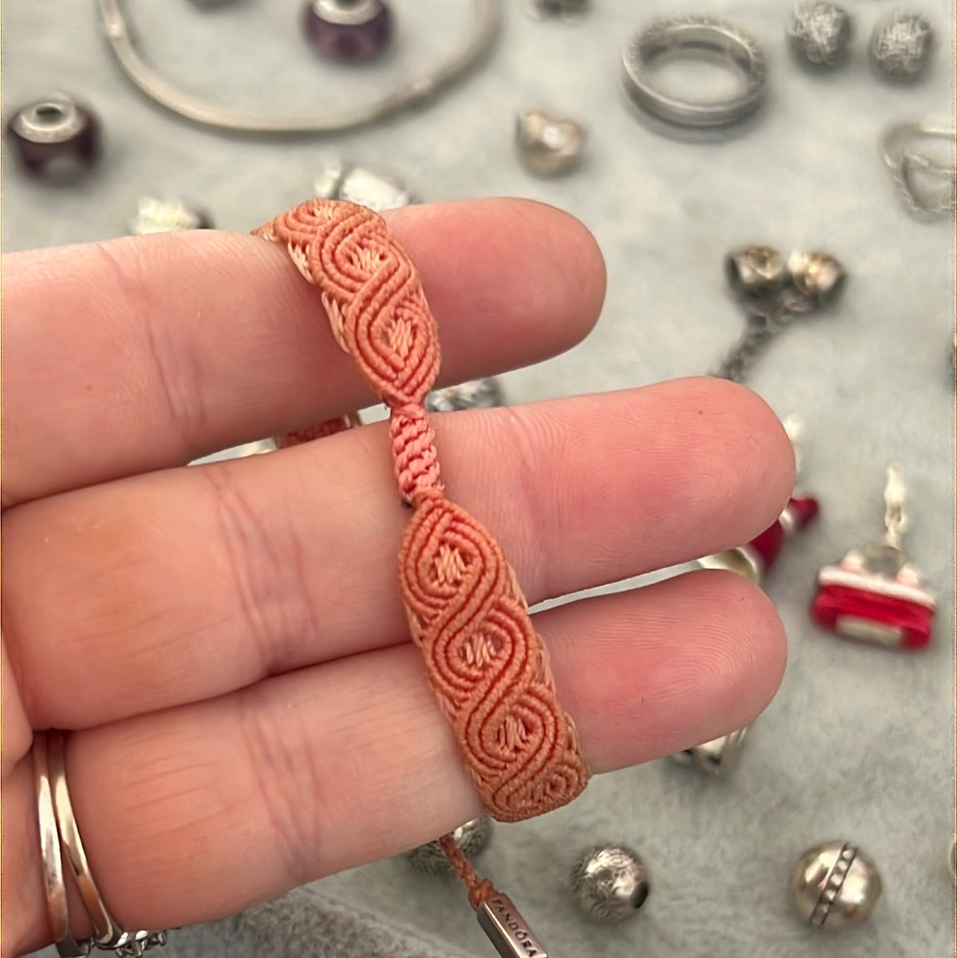 Genuine Pandora Orange Salmony Macramé Material Bracelet Clip Station One Charm Bracelet