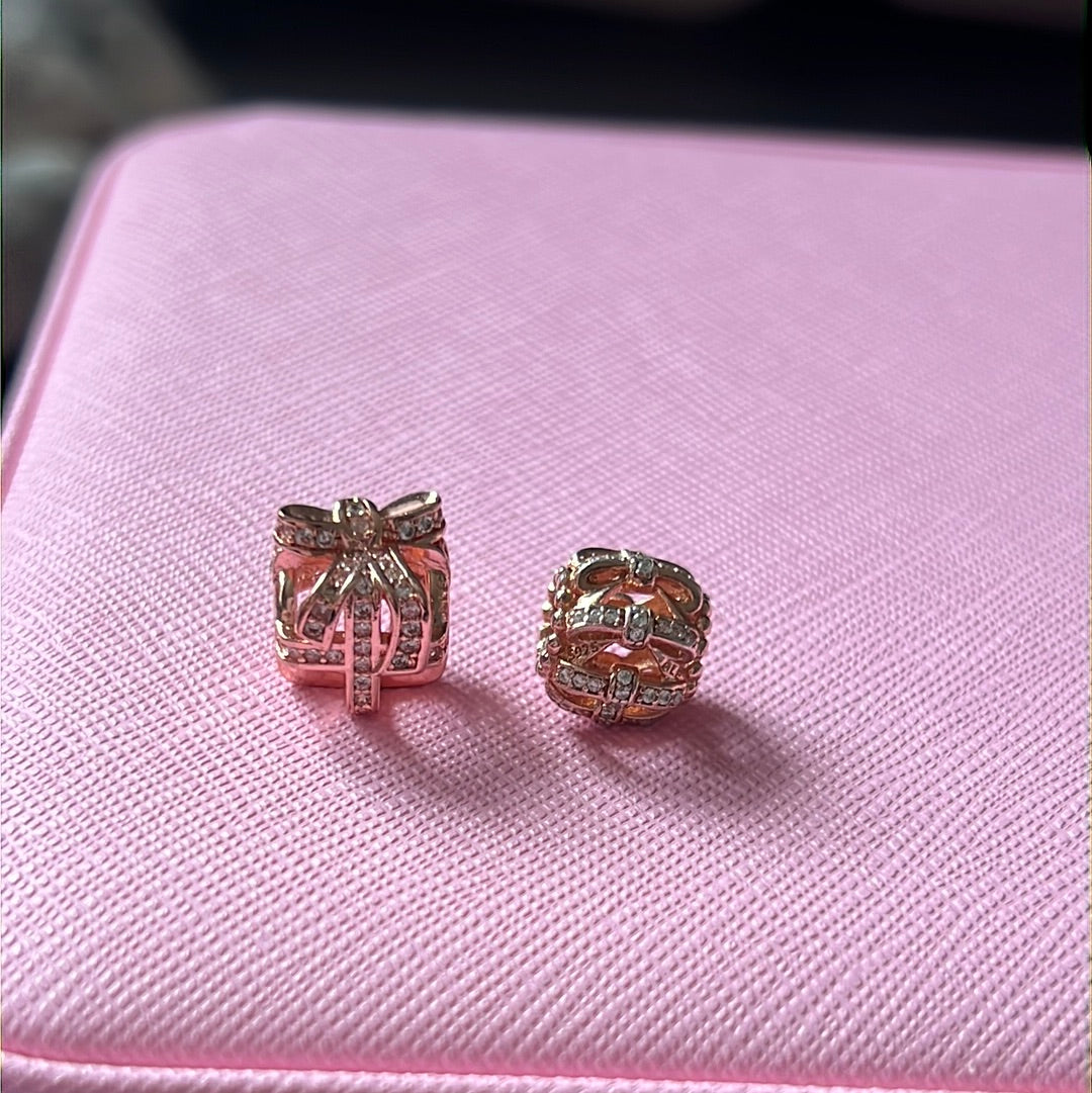 Sterling Silver Rose Gold Sparkling Pair of Pave Charms