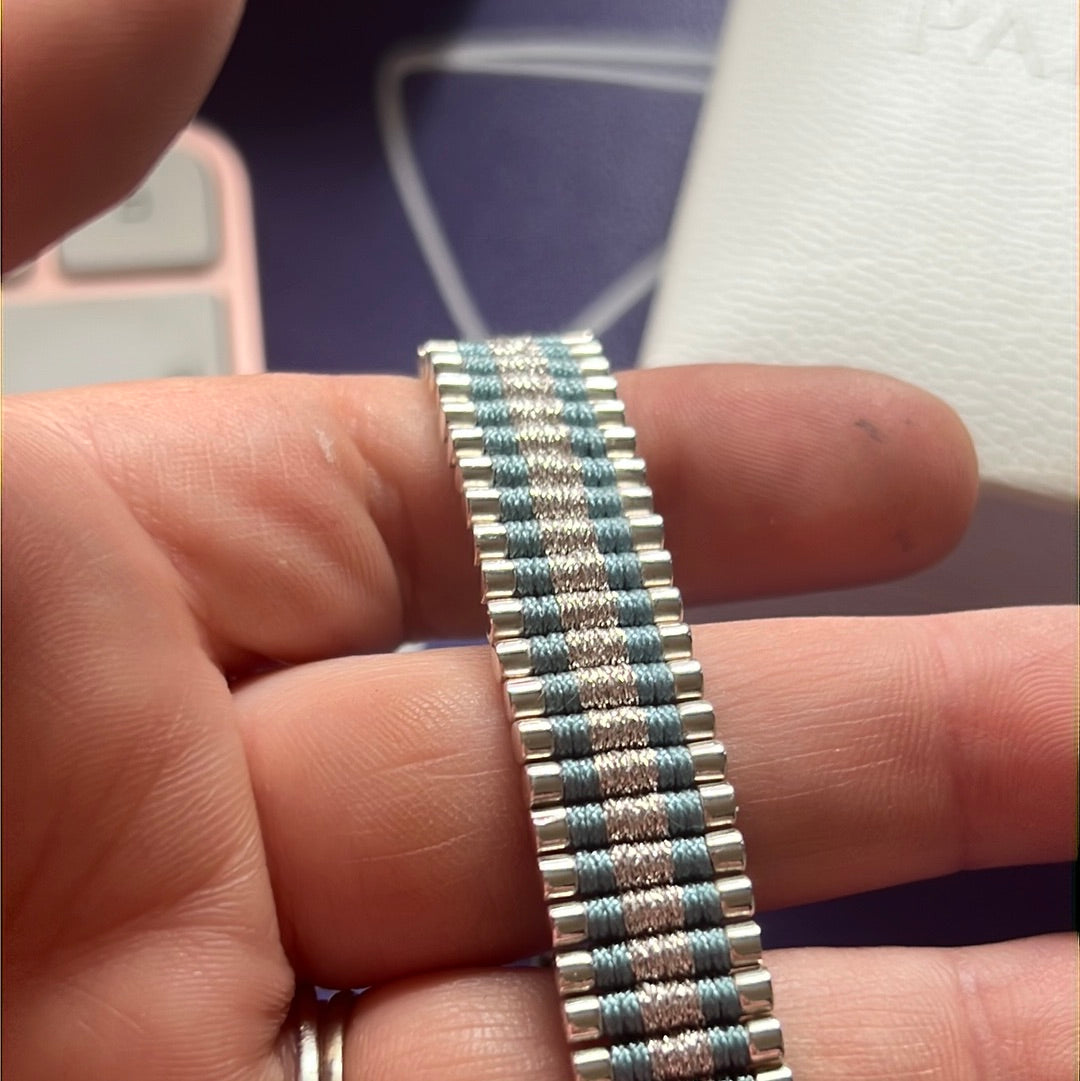 Genuine Links of London Woven Sweetie Friendship Bar Bracelet Baby Blue and Glitter Silver