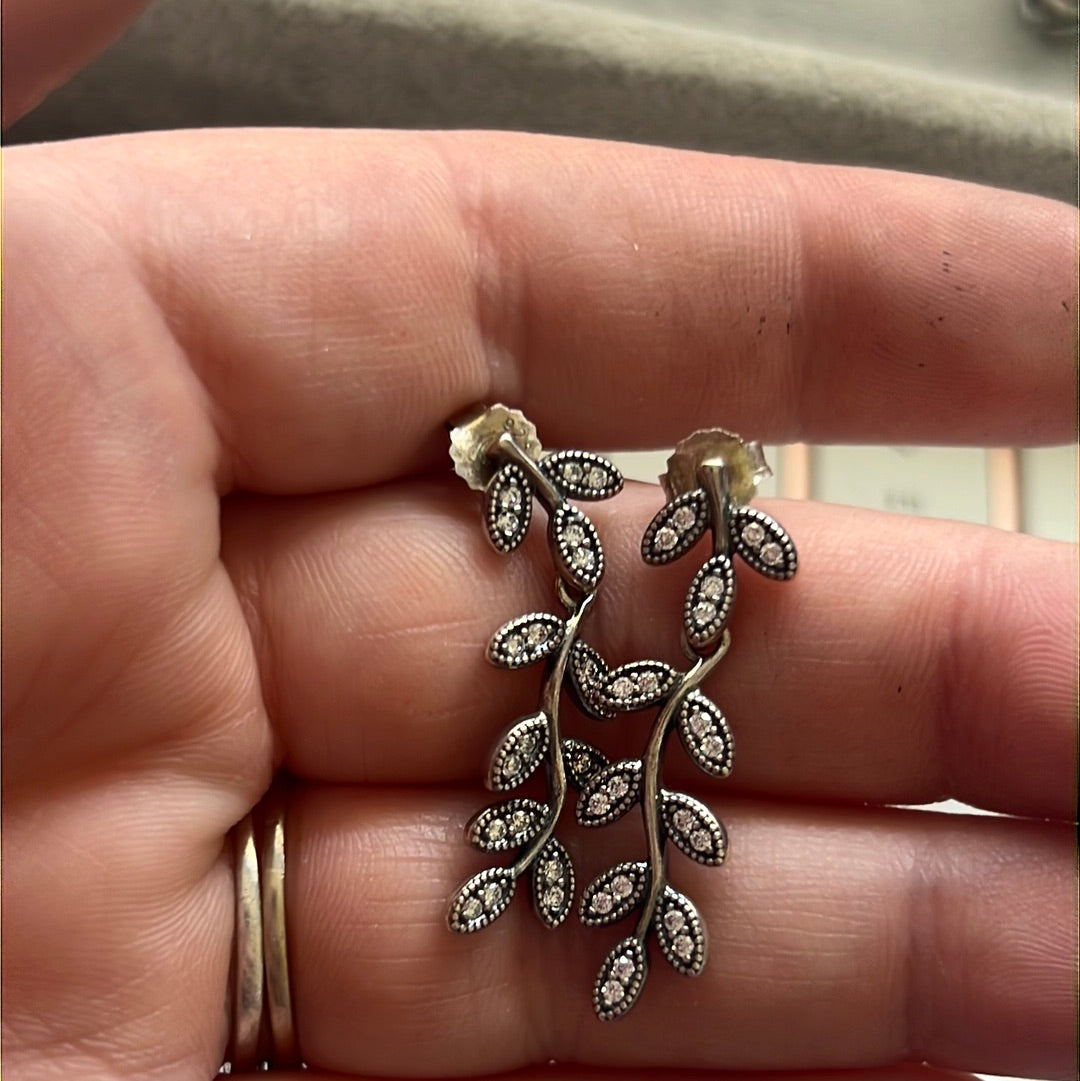 Genuine Pandora Retired Pave Leaf Large Dangle Earrings