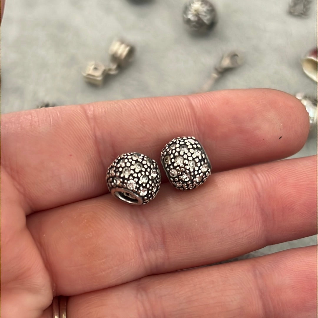 Sterling Silver Gunmetal Pave Clear Ball Charms x2
