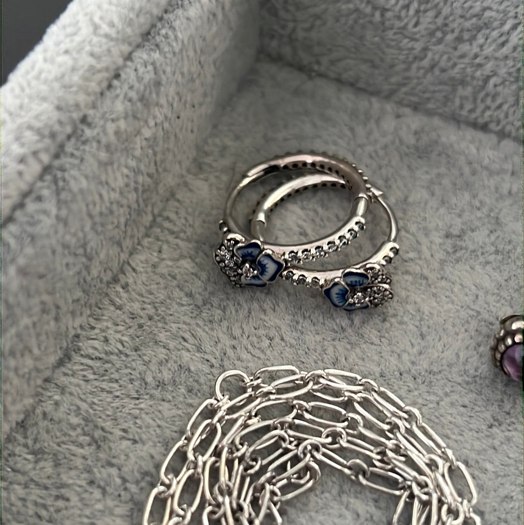 Genuine Pandora Pave Blue Pansy Flower Hoop Earrings