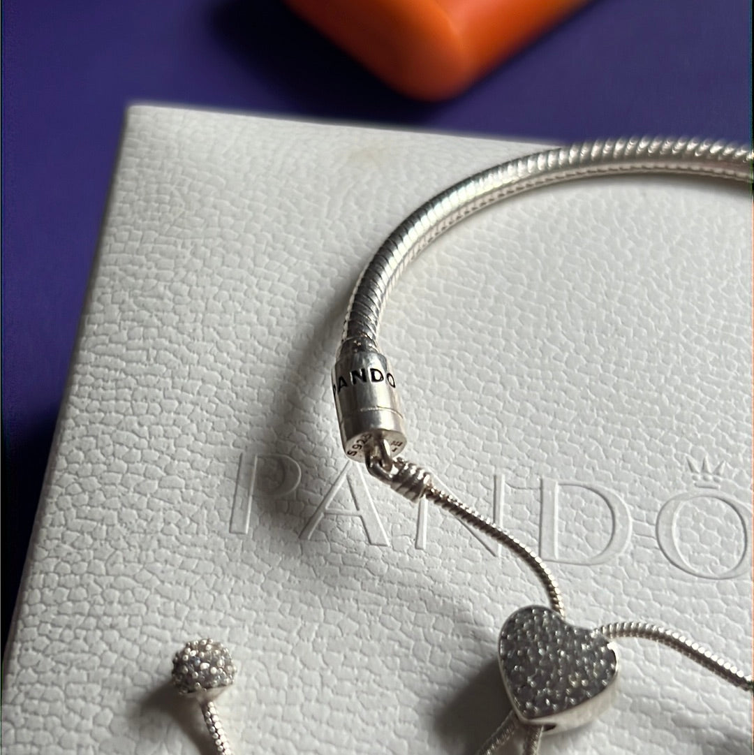 Genuine Pandora Pave Heart Slider Tennis Bracelet Adjustable