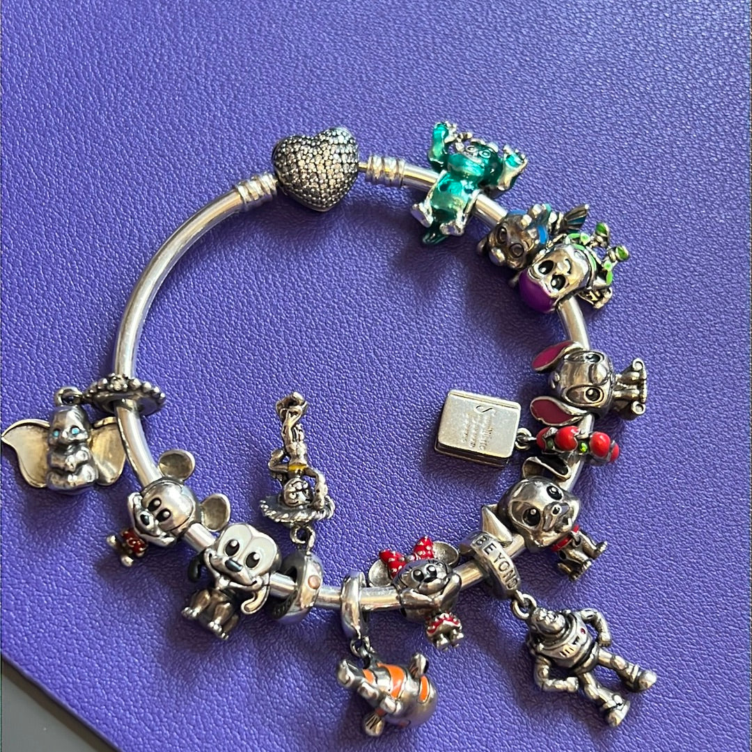 Sterling Silver Pave Heart Clasp Bangle with 13 Sterling Silver Disney Charms