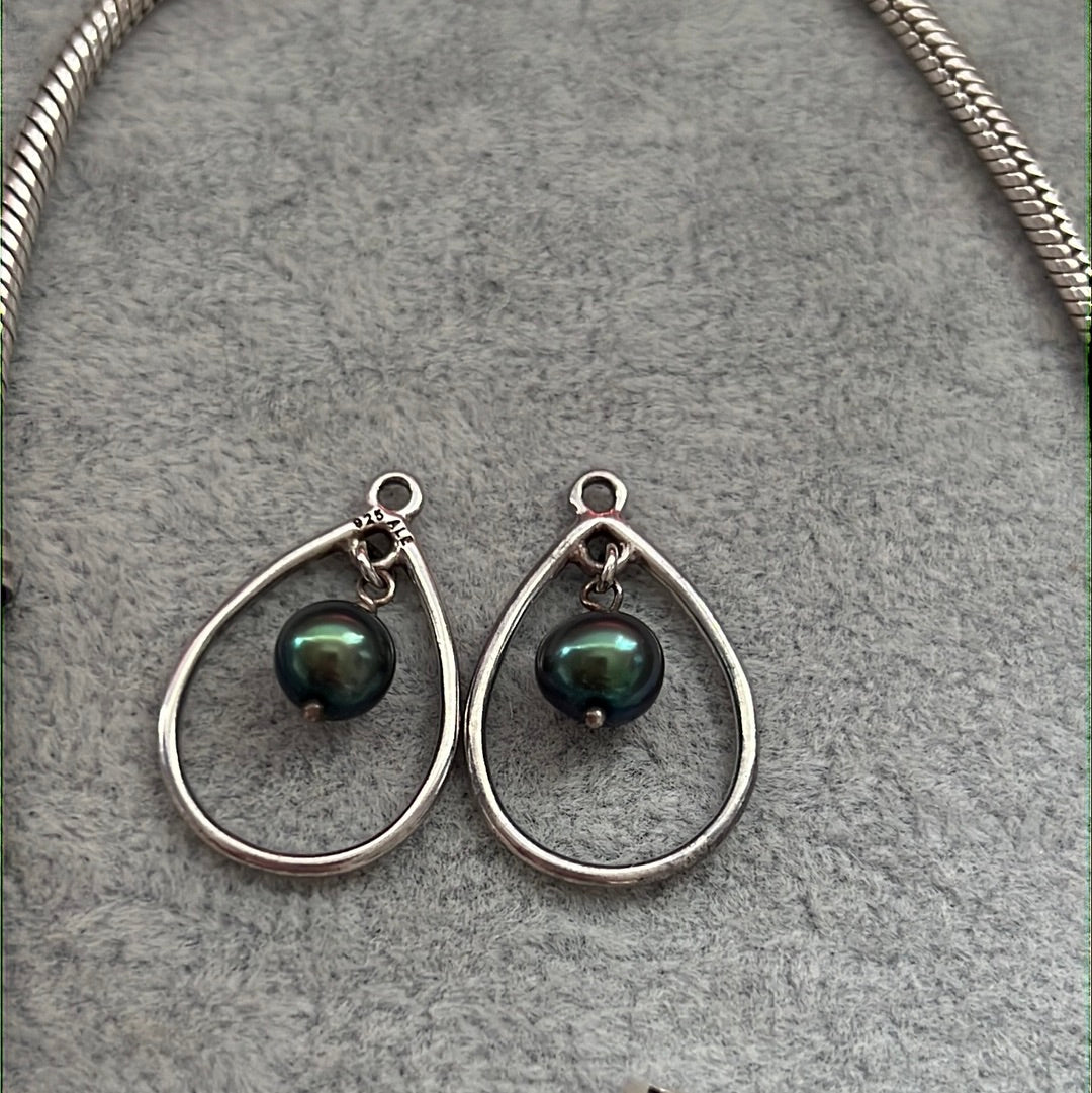 Genuine Pandora Silver Dangle Earring Charms Teal Pearl (Compose)