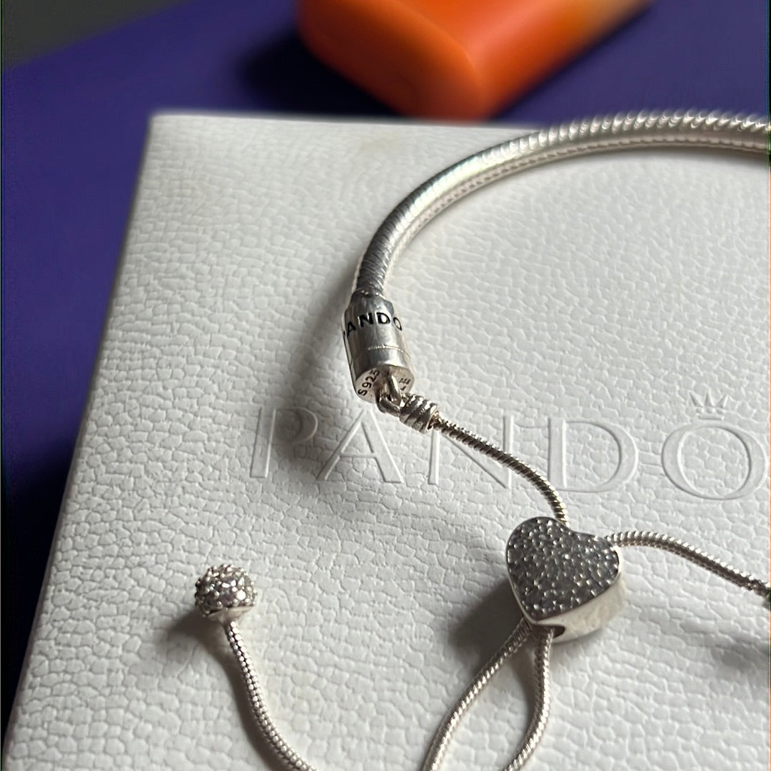 Genuine Pandora Pave Heart Slider Tennis Bracelet Adjustable