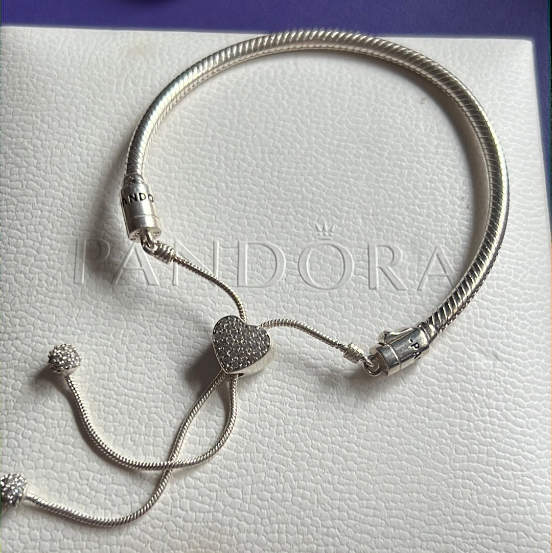 Genuine Pandora Pave Heart Slider Tennis Bracelet Adjustable