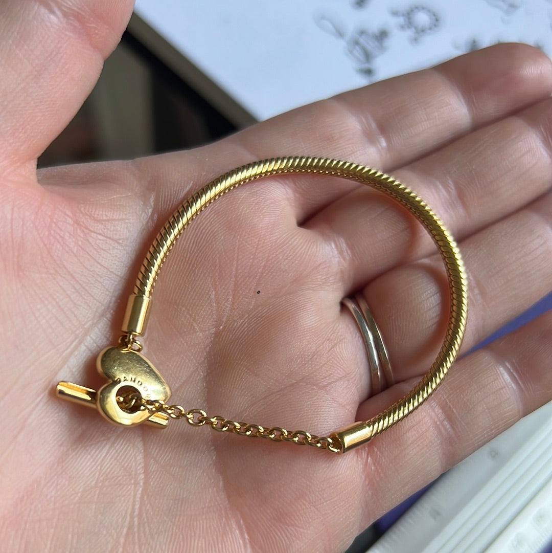 Genuine Pandora Shine Gold Snake Chain Moments New Style Smooth Heart Chain T-Clasp Style 20cm