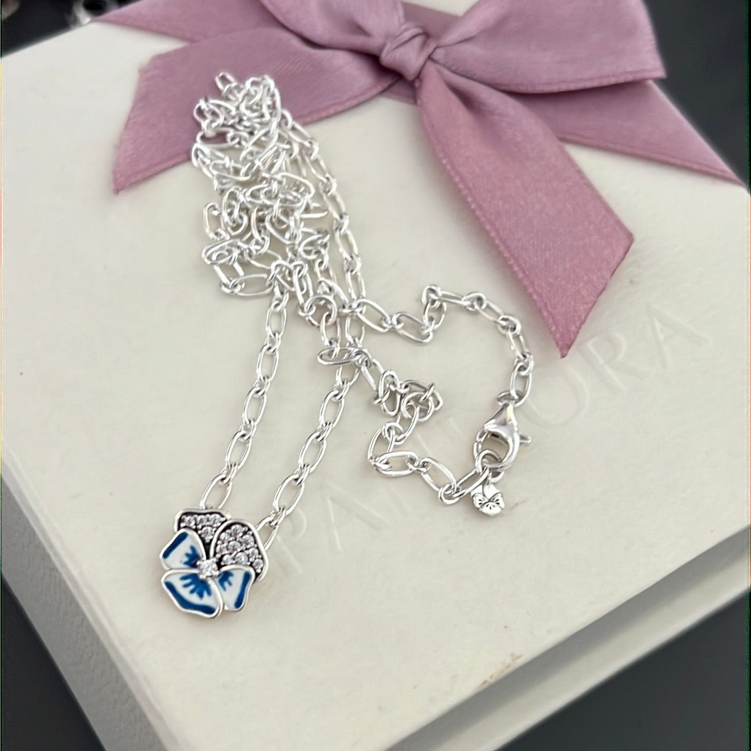 Genuine Pandora Pave Blue Pansy flower Chain Necklace 50cm