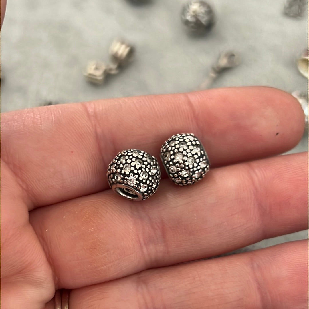 Sterling Silver Gunmetal Pave Clear Ball Charms x2