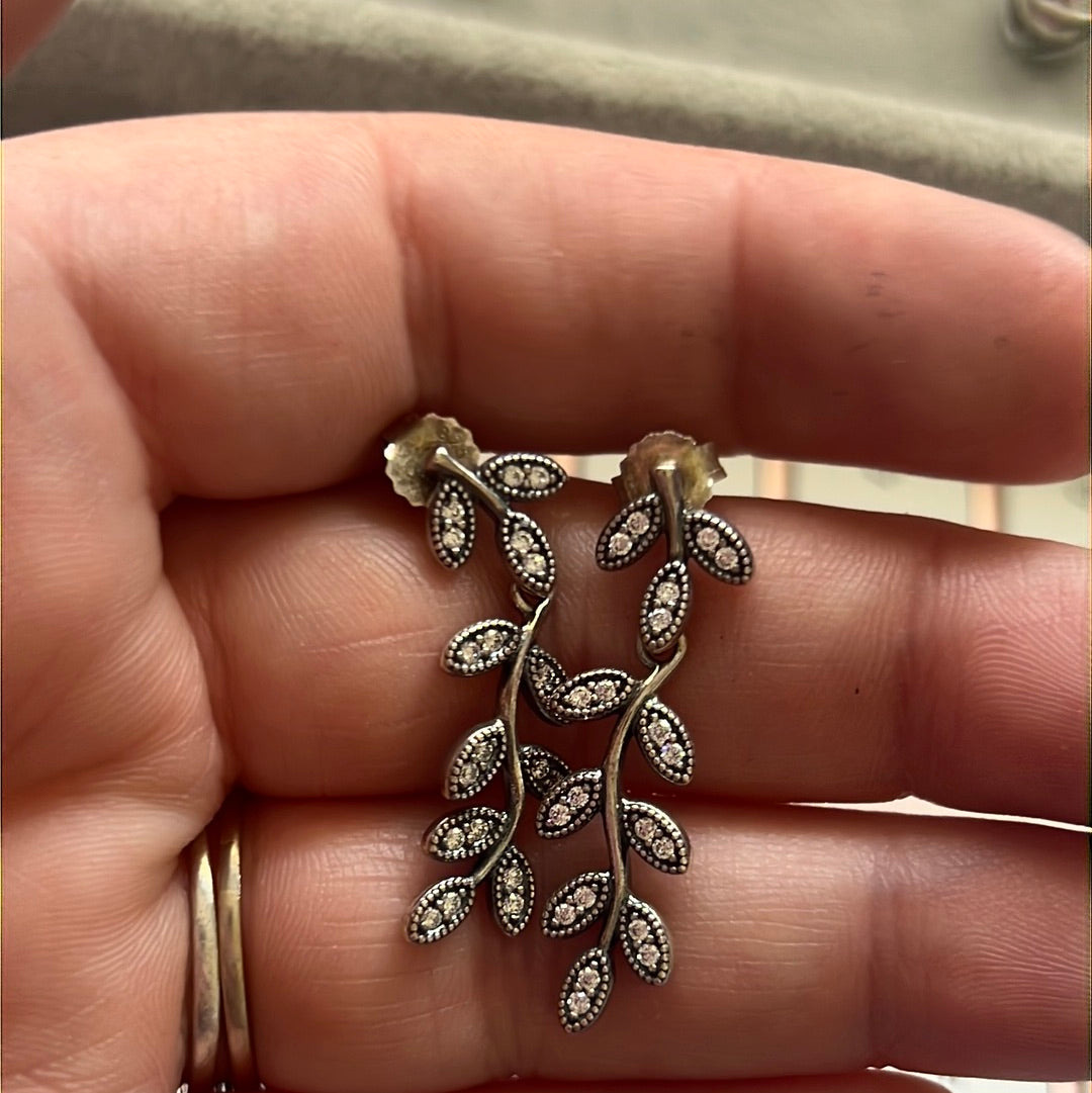Genuine Pandora Retired Pave Leaf Large Dangle Earrings