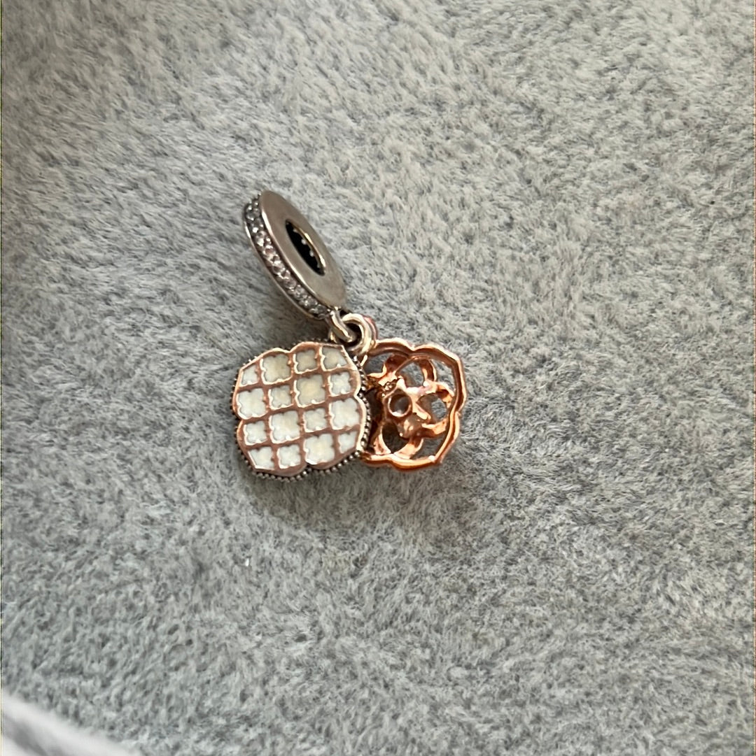 Genuine Pandora Rose Gold and Enamel Rose Dangle Charm
