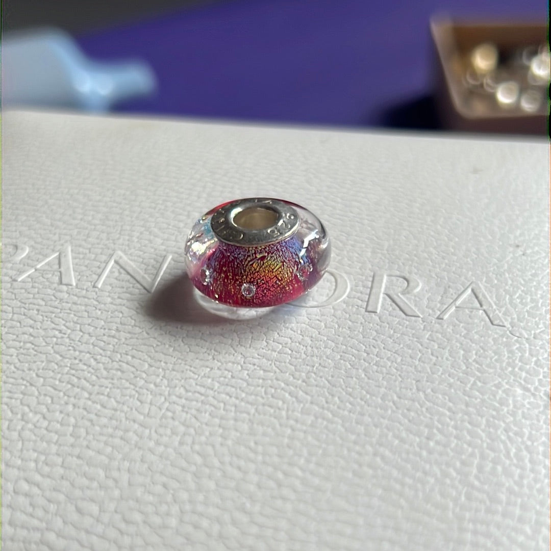 Genuine Chamilia Pink Shine Sparkle Foil Murano Glass Charm With Bubbles