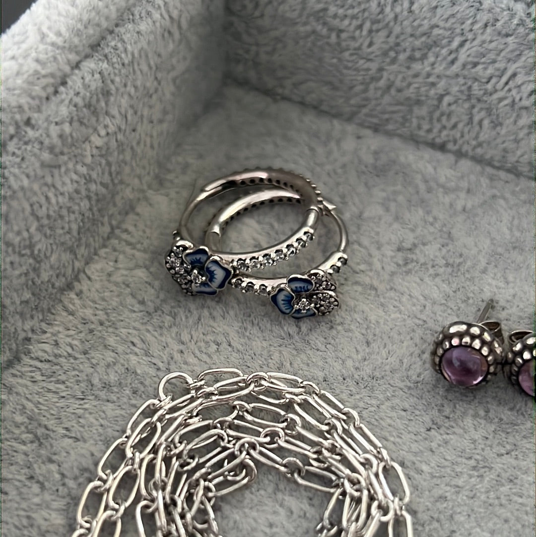 Genuine Pandora Pave Blue Pansy Flower Hoop Earrings