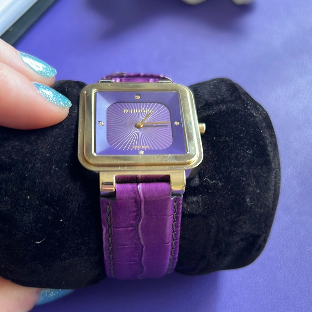Genuine Pandora Gold Hardware Watch with Purple Leather Strap Perfect