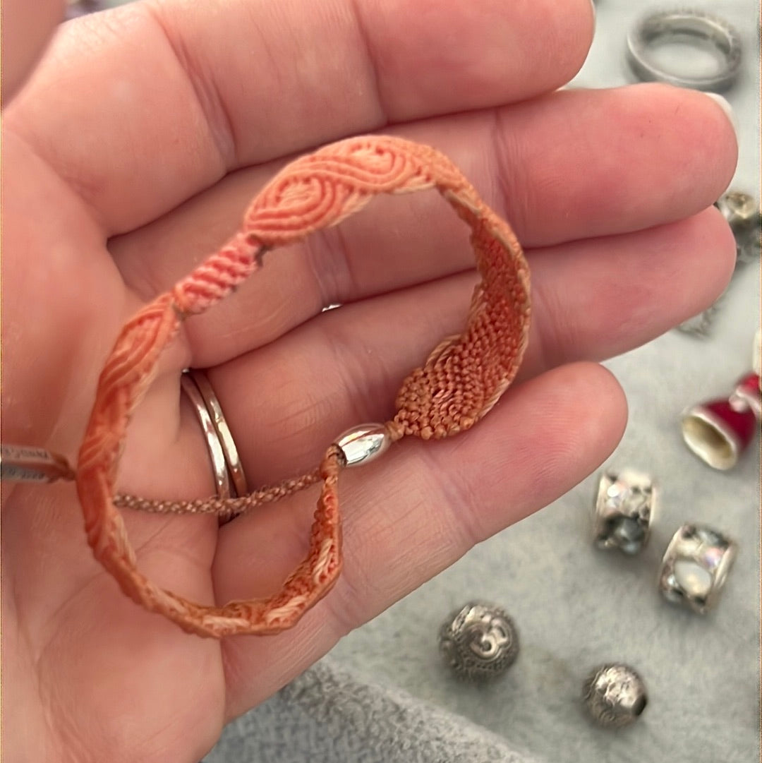 Genuine Pandora Orange Salmony Macramé Material Bracelet Clip Station One Charm Bracelet